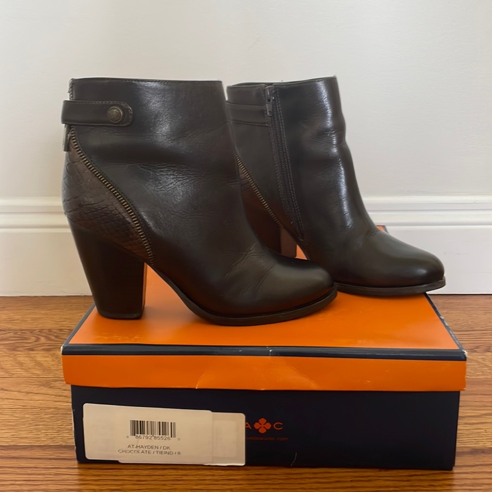 Leather Booties- Chocolate Brown with Snake detail size 8